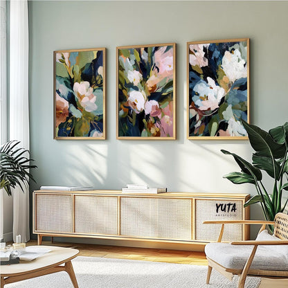 Colorful abstract flower paintings with layered textures and bold painterly style