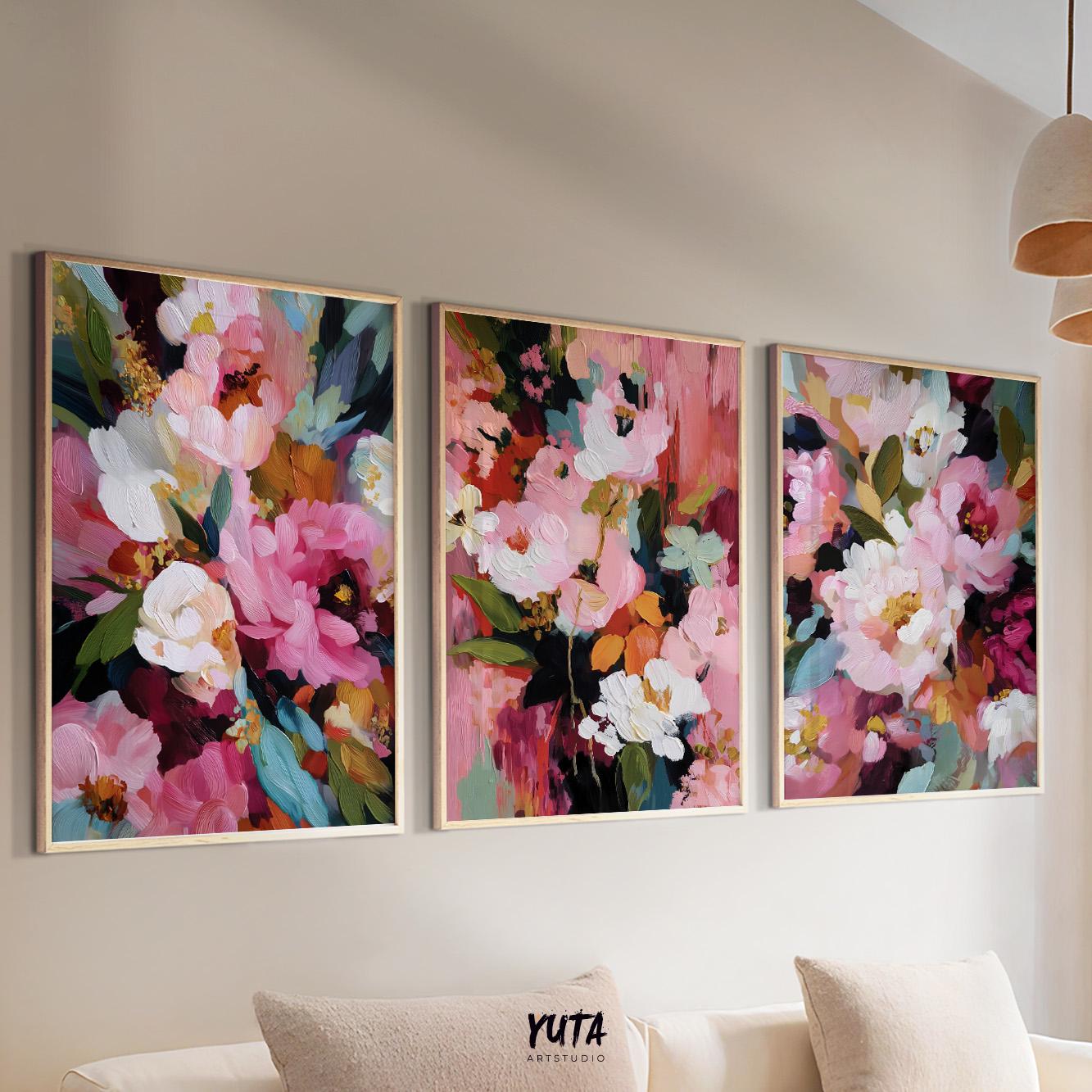 Floral wall art with rich pink tones and painterly composition