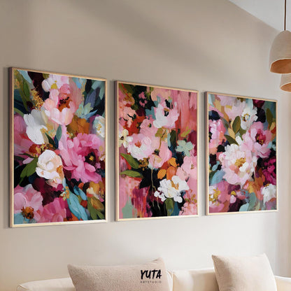 Floral wall art with rich pink tones and painterly composition