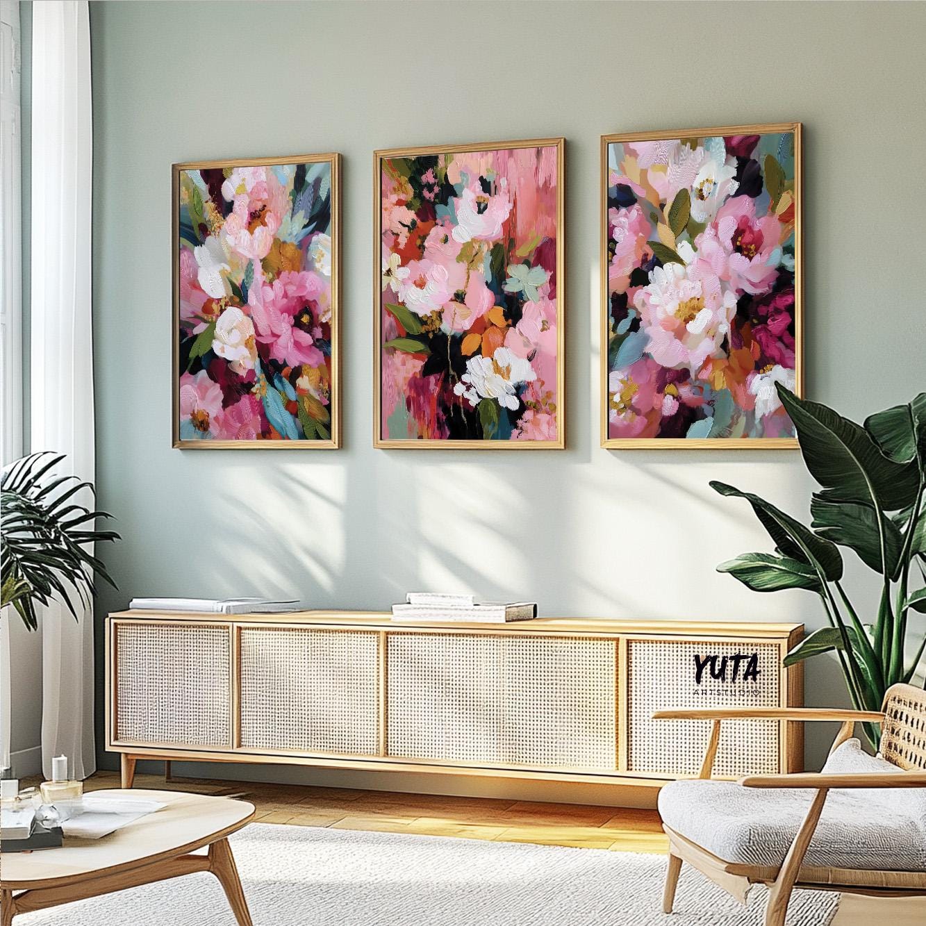 Colorful flower paintings with blush, white, and green details
