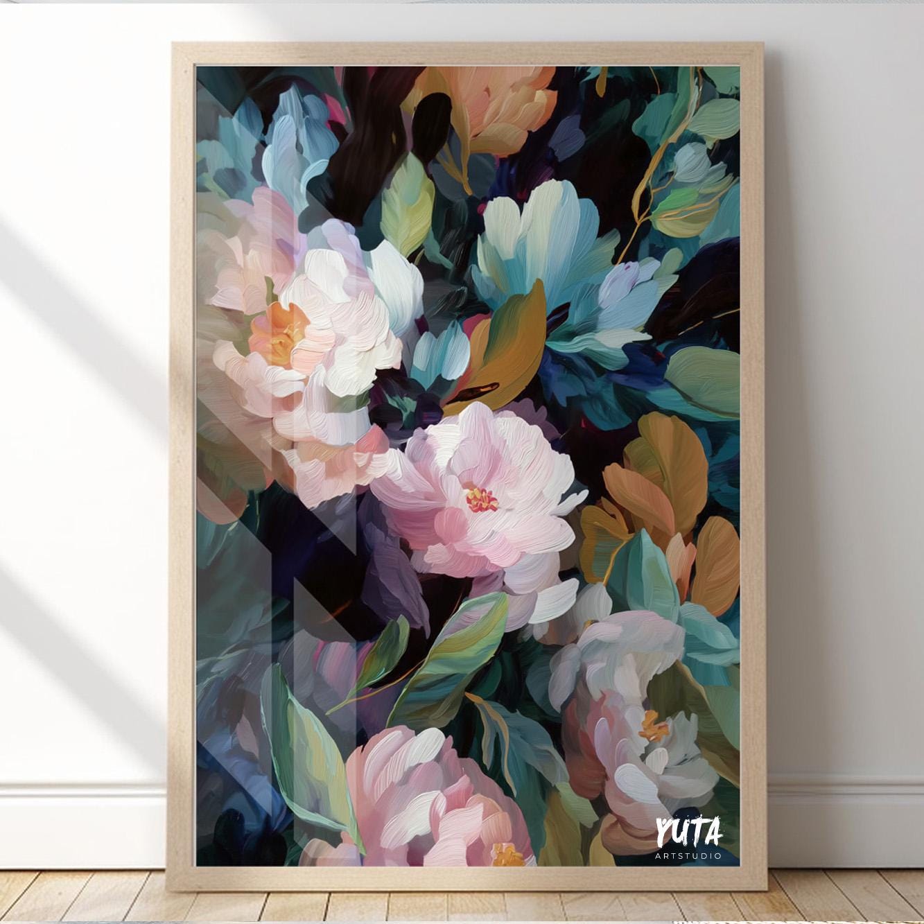 Dark background floral art with vibrant blossoms and expressive strokes