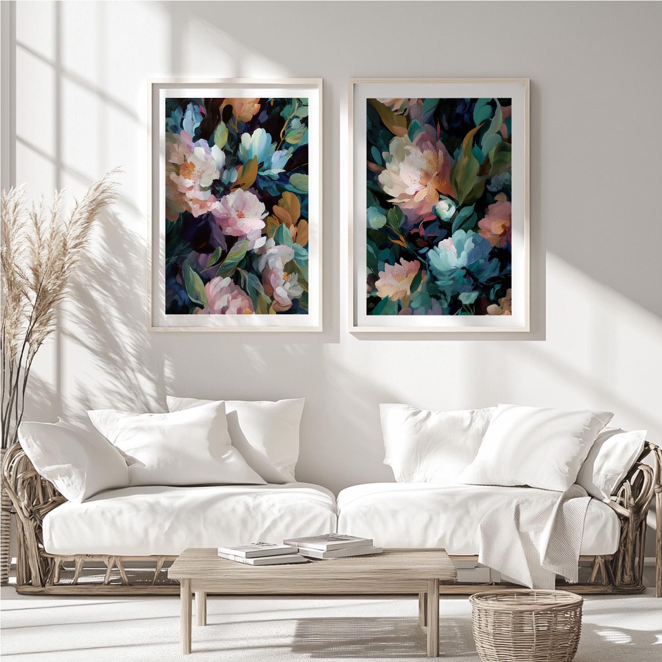 Colorful floral artworks with moody aesthetic and rich layered colors