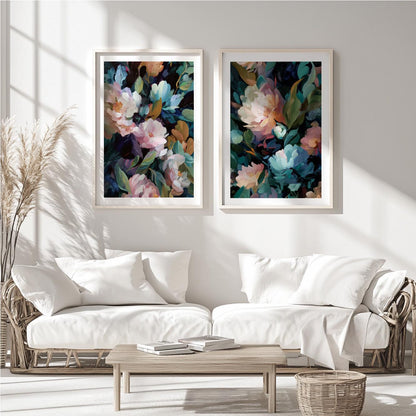 Colorful floral artworks with moody aesthetic and rich layered colors