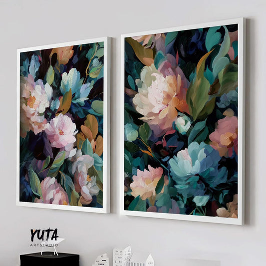 Set of 2 dark abstract floral artworks with rich colors and painterly brush strokes