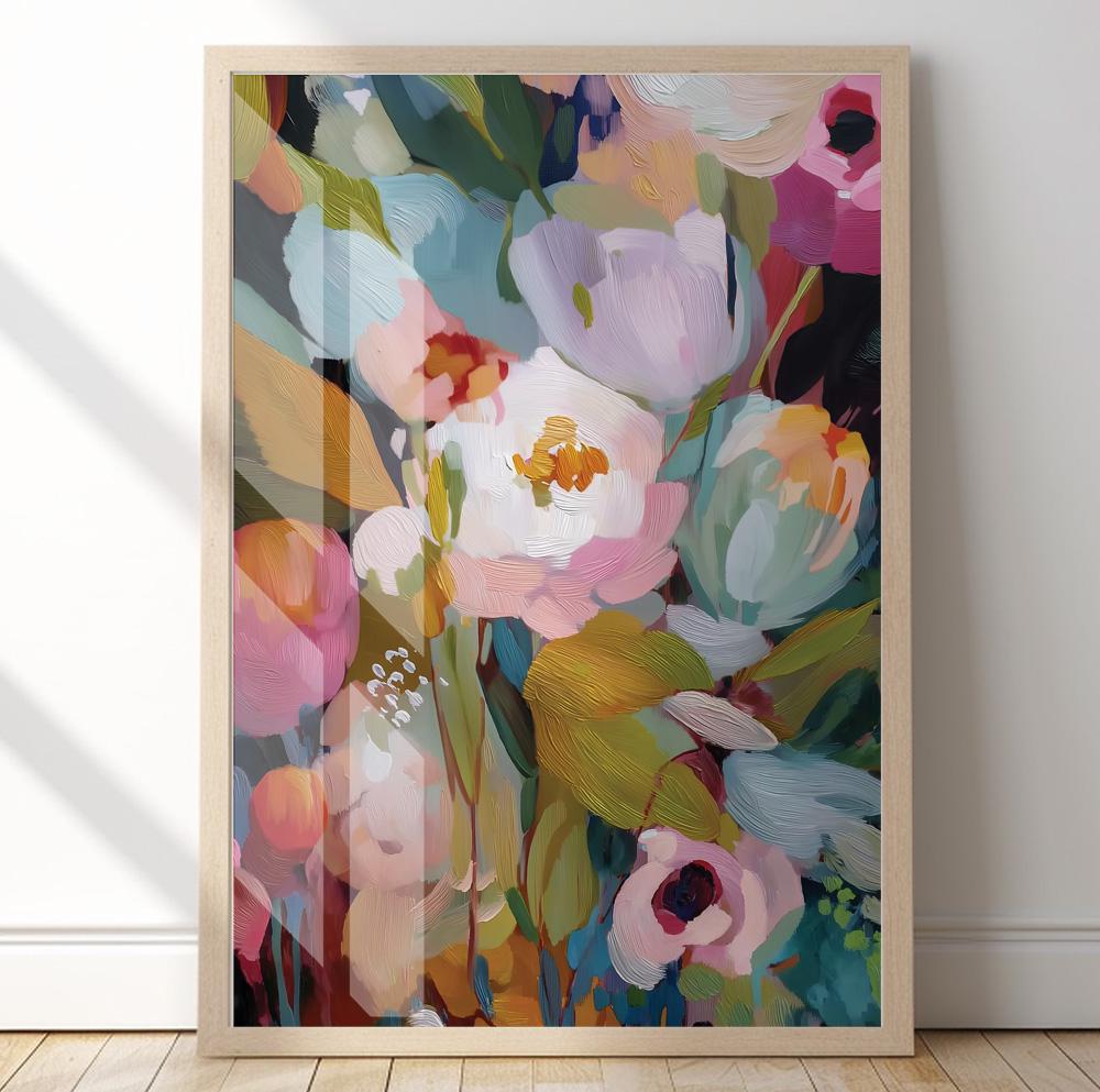 Abstract flower art with bold colors including pink, yellow, green, and white