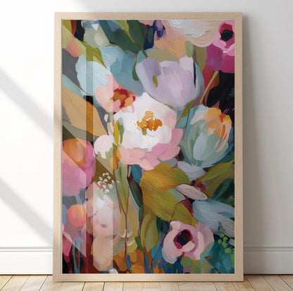 Abstract flower art with bold colors including pink, yellow, green, and white