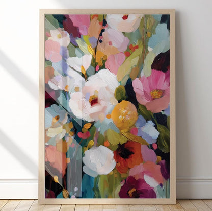 Contemporary flower paintings with vibrant palette and abstract forms