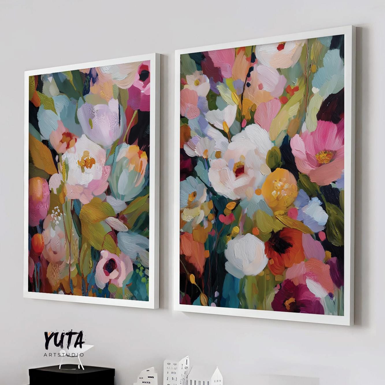 Set of 2 colorful abstract floral artworks with vibrant pink, green, and cream tones