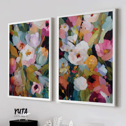 Set of 2 colorful abstract floral artworks with vibrant pink, green, and cream tones