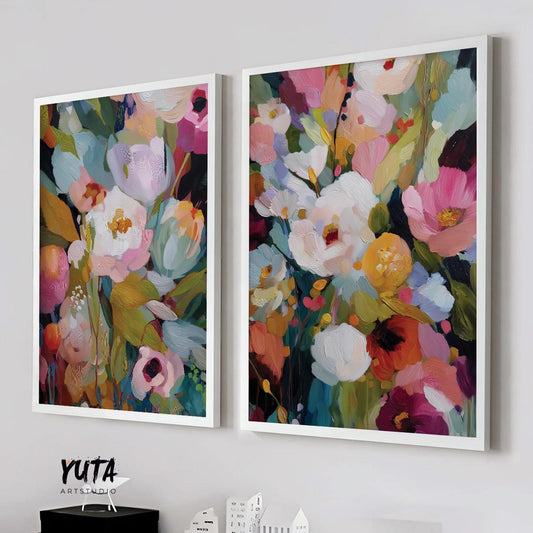 Set of 2 colorful abstract floral artworks with vibrant pink, green, and cream tones