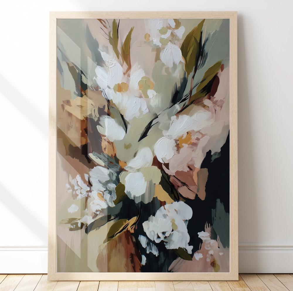 Modern abstract floral art with beige and brown painterly composition