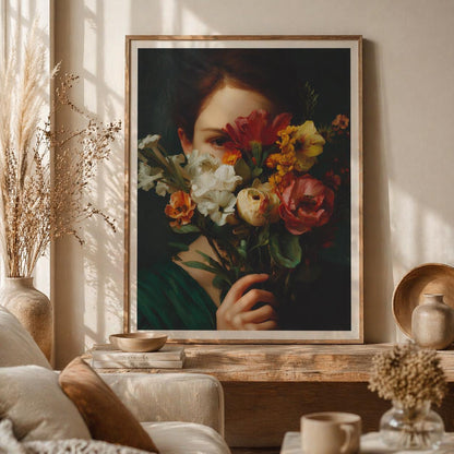 Vintage style painting of a woman with colorful flowers in front of her face