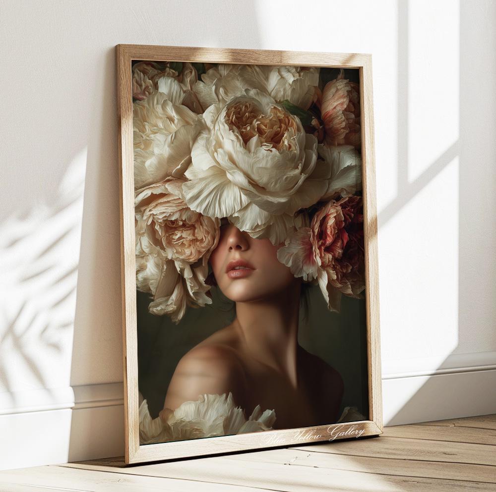 soft neutral luxury wall art with flowers woman portrait