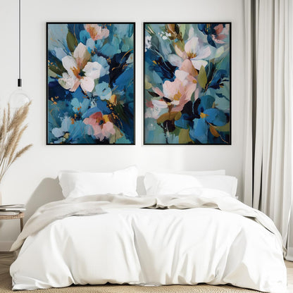 Elegant floral paintings with blue, teal, and cream color palette