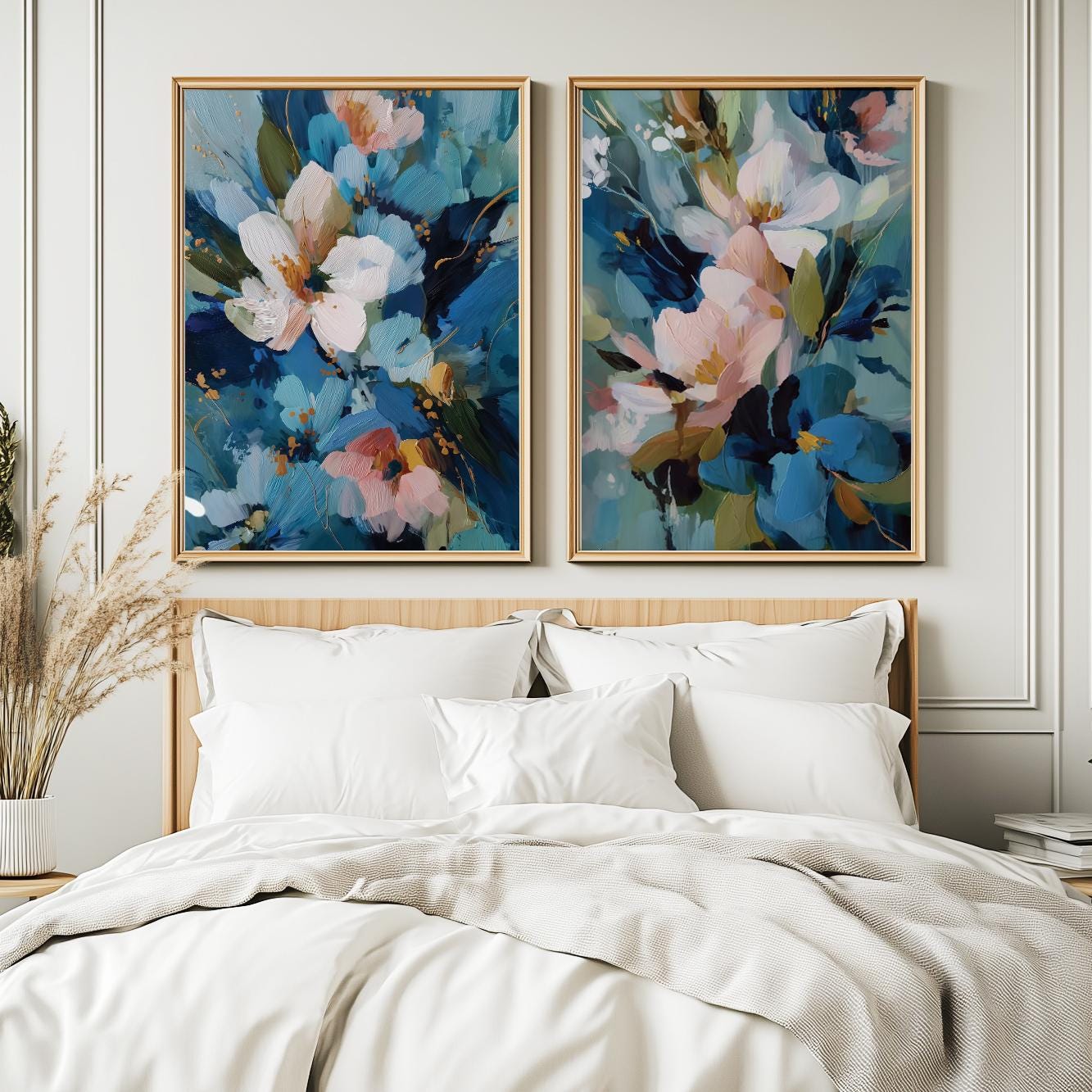 Modern botanical artworks featuring soft pink blossoms and deep blue leaves