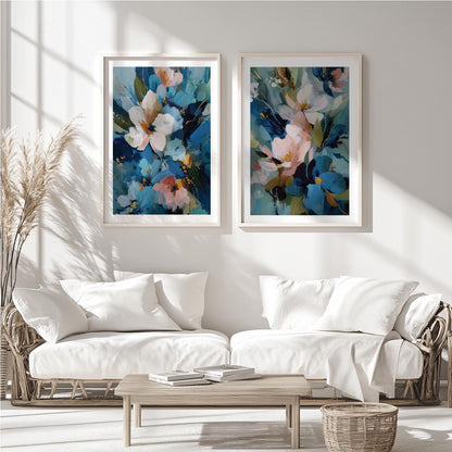 Contemporary flower paintings with navy, teal, blush, and white tones