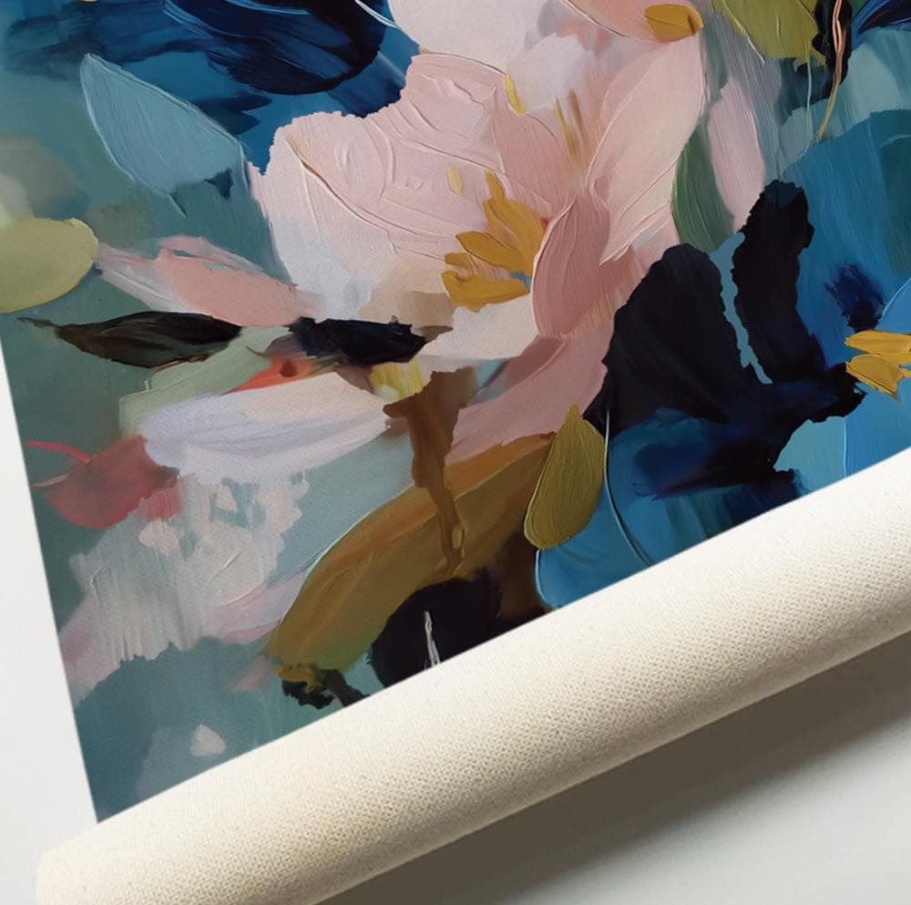 Abstract flower art with textured brush strokes in blue and pastel shades