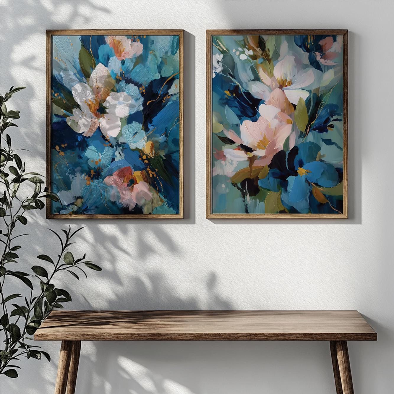 Blue floral prints with expressive brushwork and layered paint texture