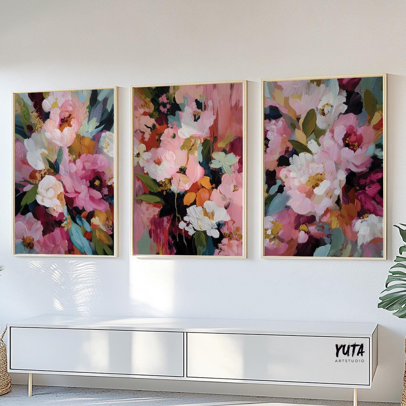 Abstract floral art with expressive brush strokes in pink and pastel palette