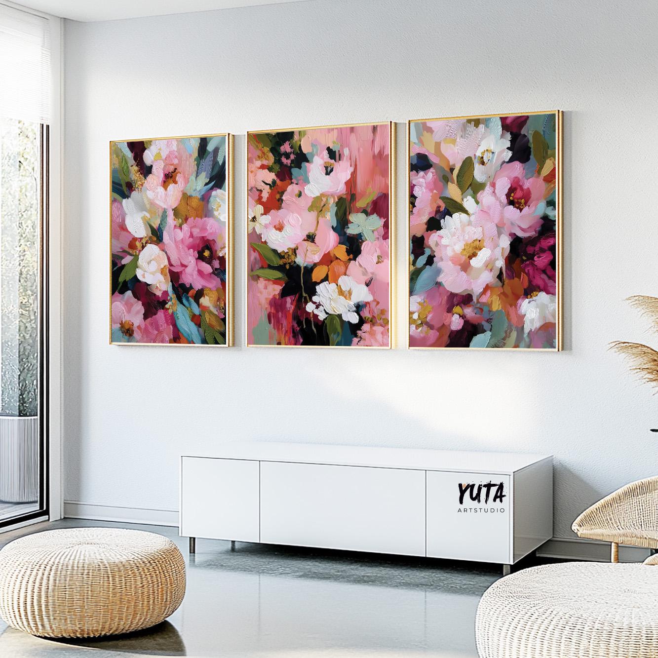 Botanical artworks featuring blooming peony style flowers in soft tones