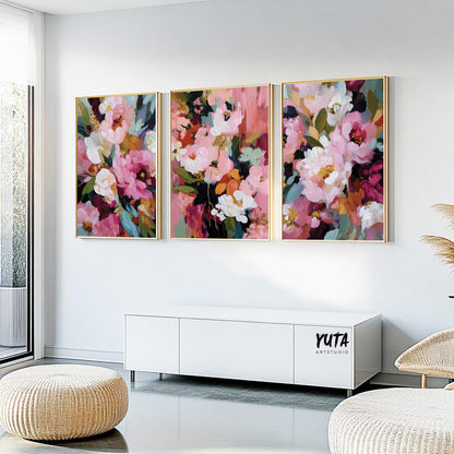 Botanical artworks featuring blooming peony style flowers in soft tones