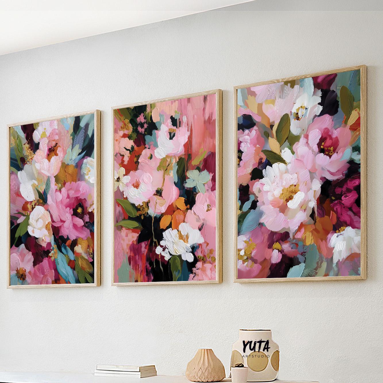 Set of 3 abstract pink floral artworks with soft blush and white flowers