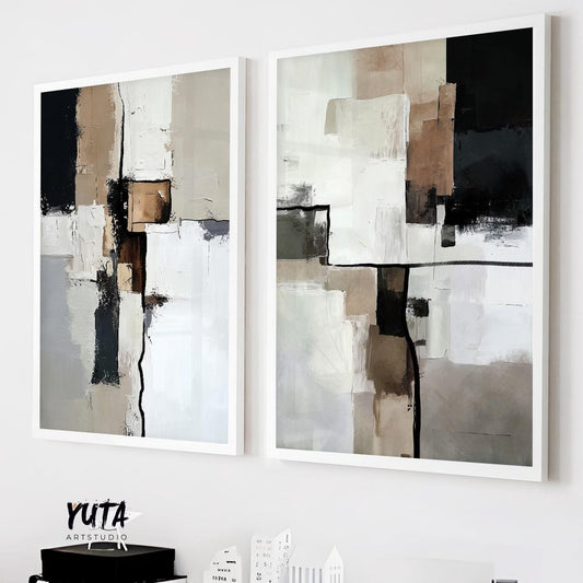 Set of two abstract paintings in beige black and white tones with textured geometric shapes