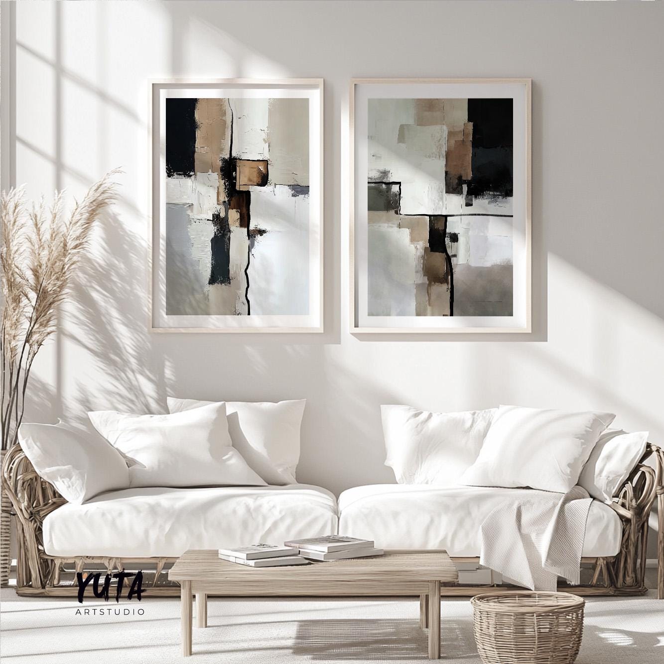 Neutral abstract wall art set with modern geometric forms and textured brush strokes