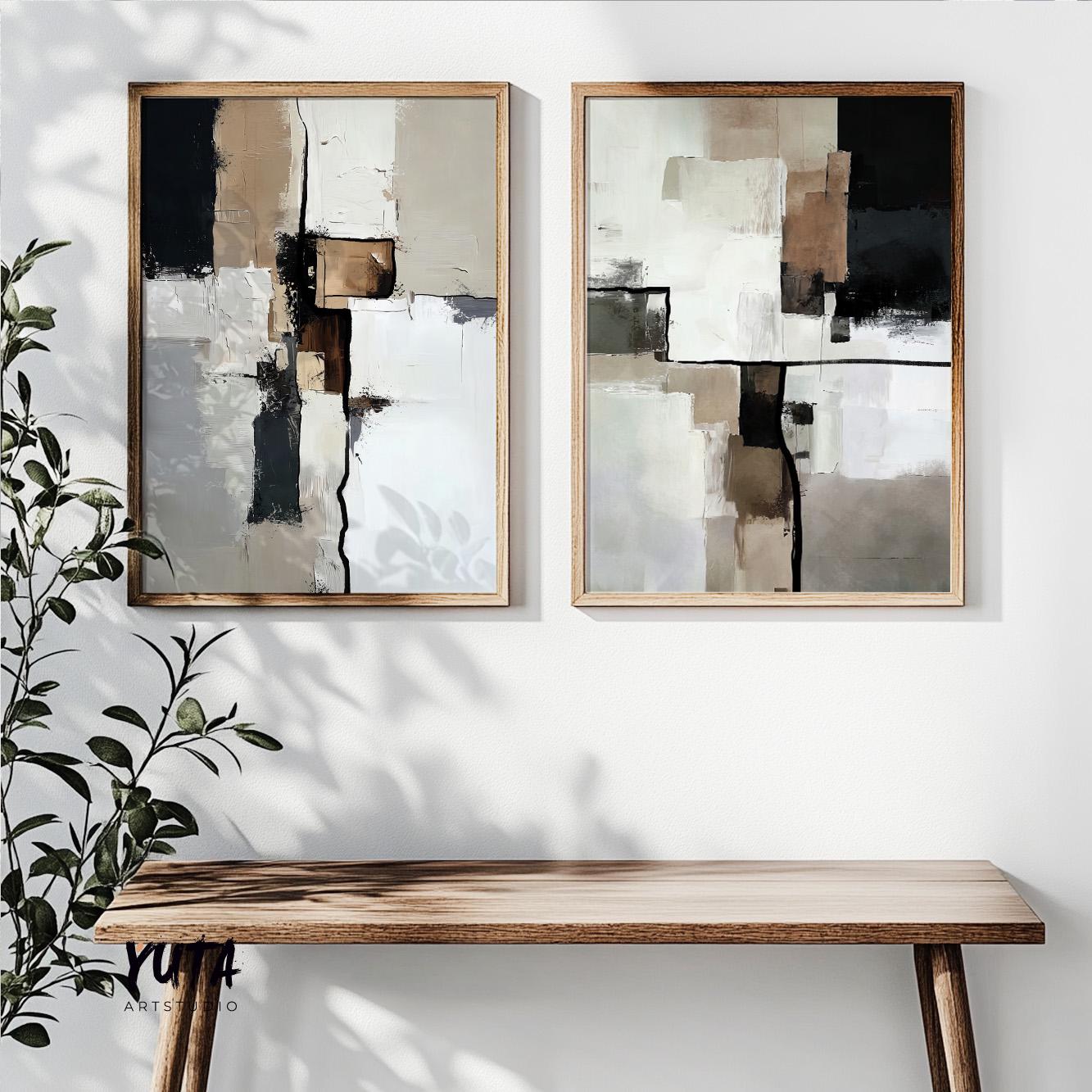 Contemporary abstract artwork with beige, black and white layered composition