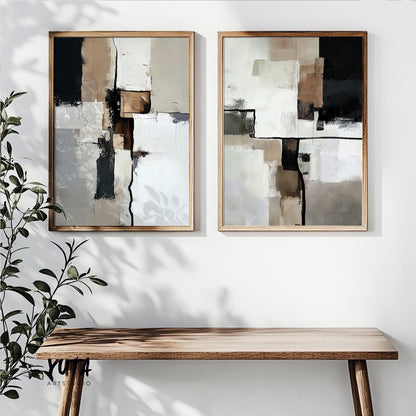 Contemporary abstract artwork with beige, black and white layered composition