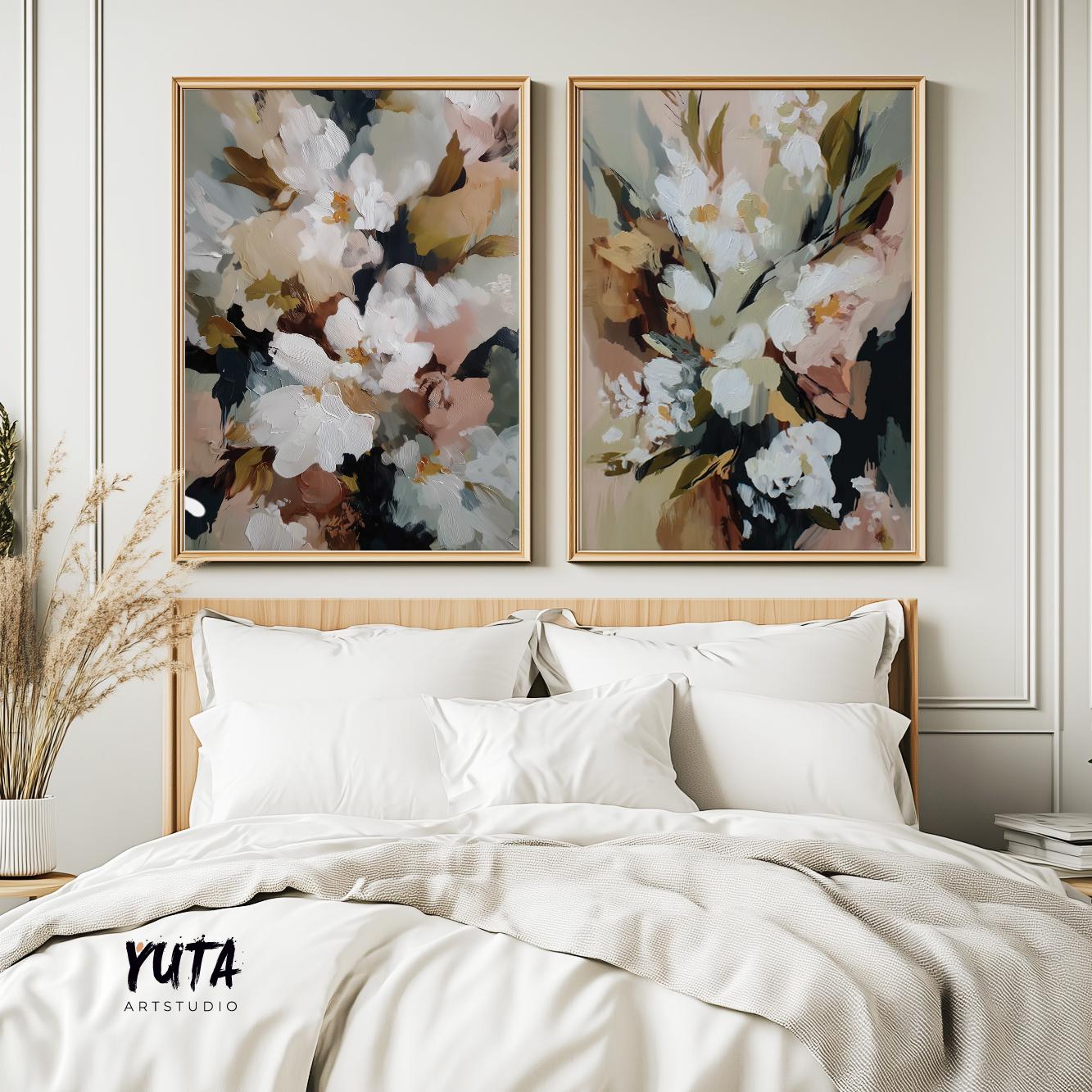 Minimalist floral paintings with soft neutral color palette and textured brush strokes