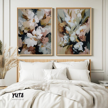 Minimalist floral paintings with soft neutral color palette and textured brush strokes