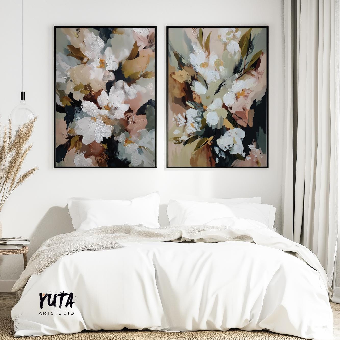Abstract flower art with cream, tan, and muted green accents