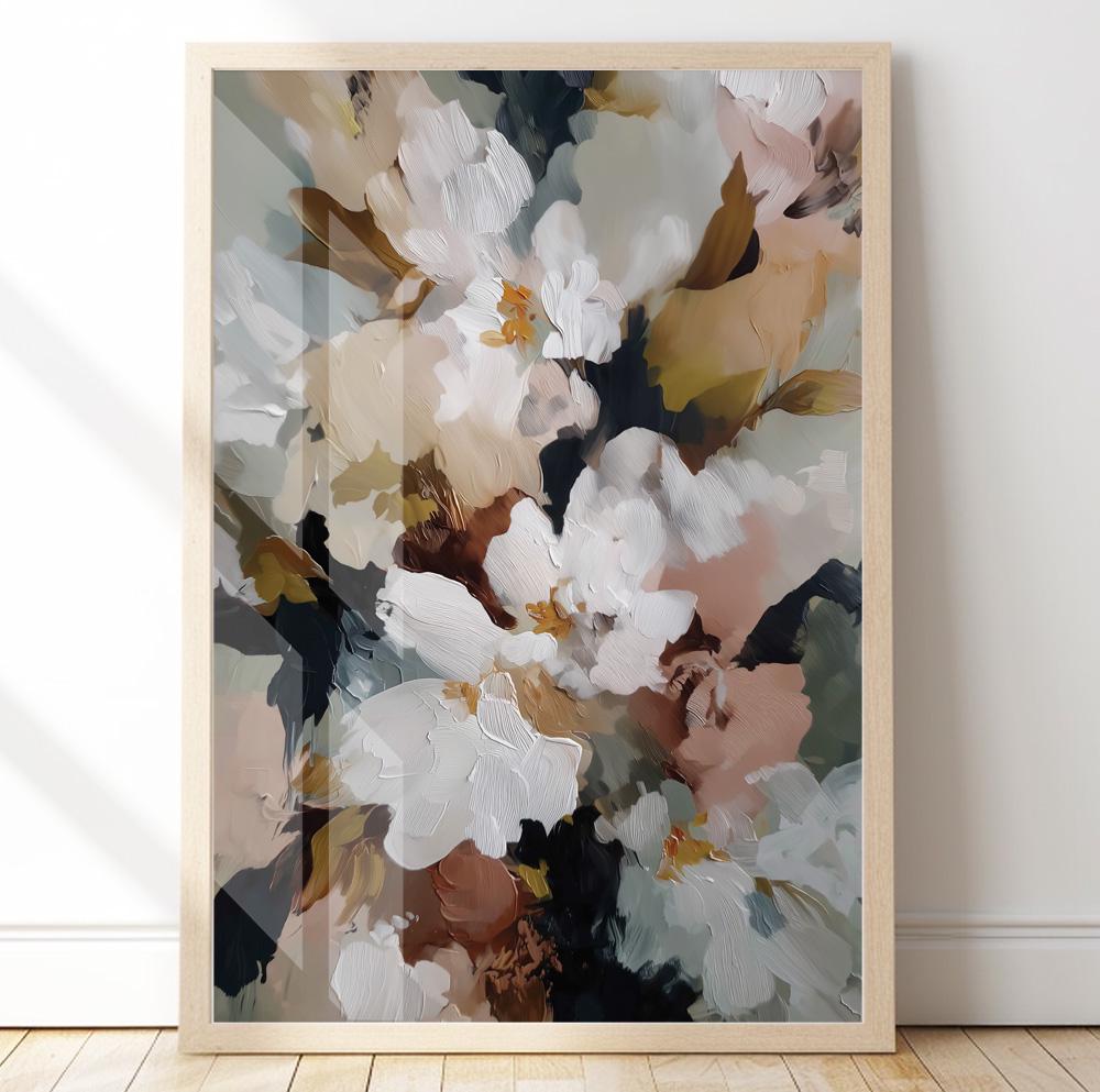Botanical artworks featuring soft white flowers and earthy tones