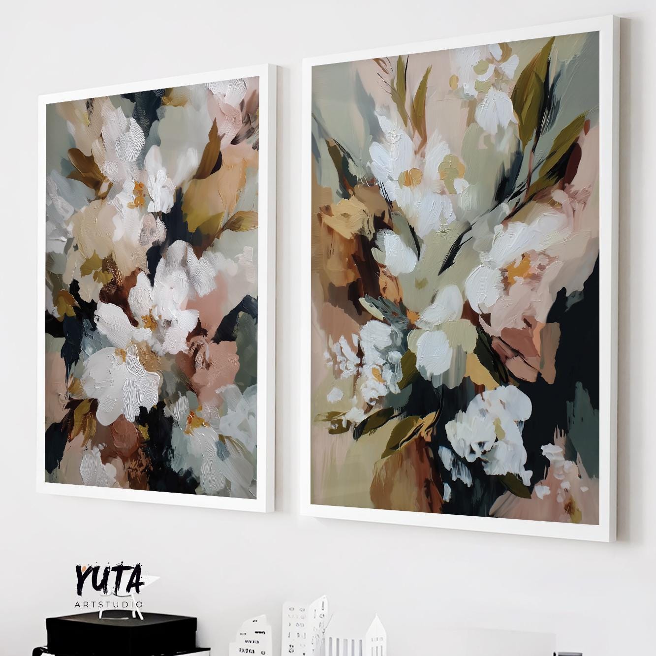 Set of 2 neutral abstract floral artworks in beige, cream, and brown tones