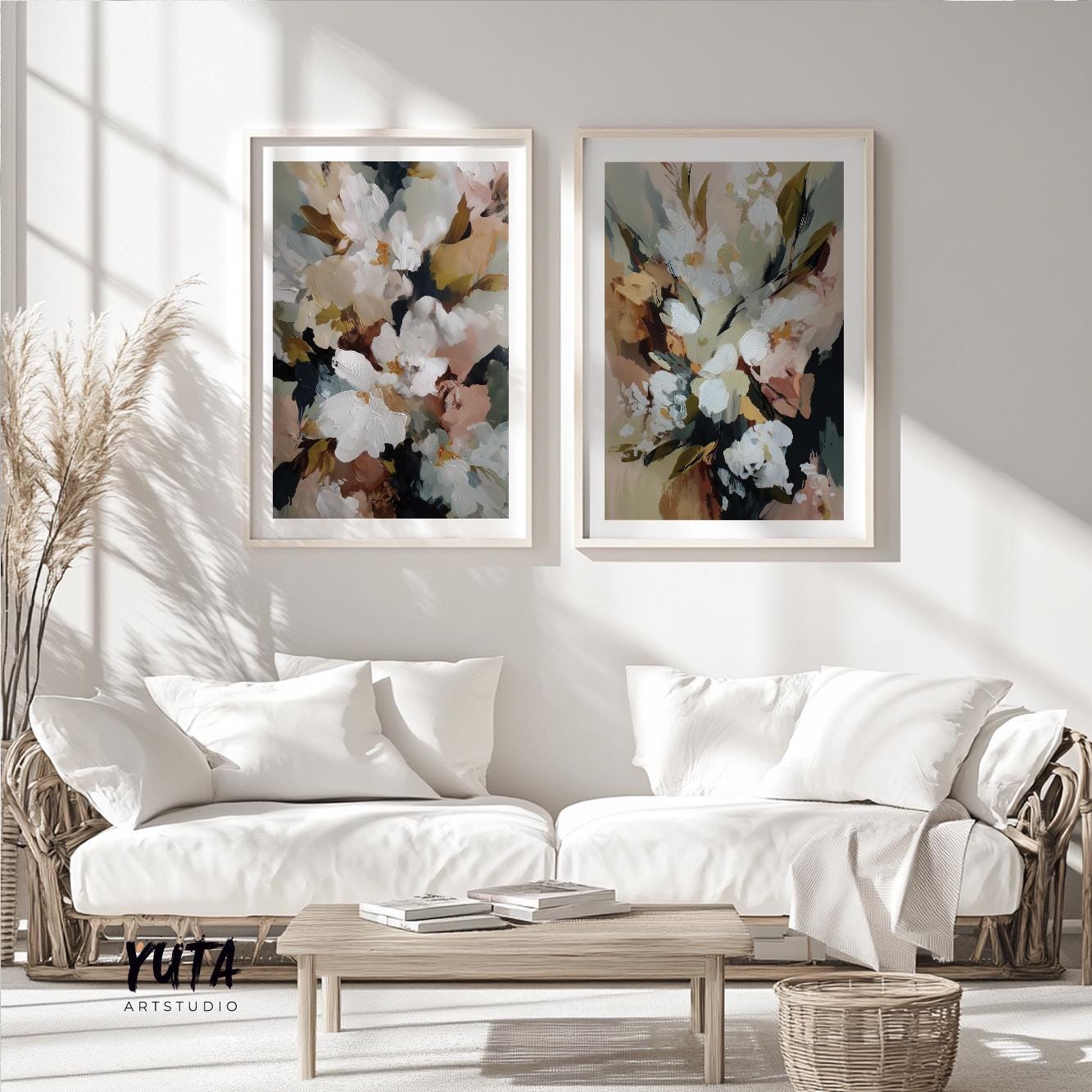 Neutral floral prints with layered textures and subtle color transitions