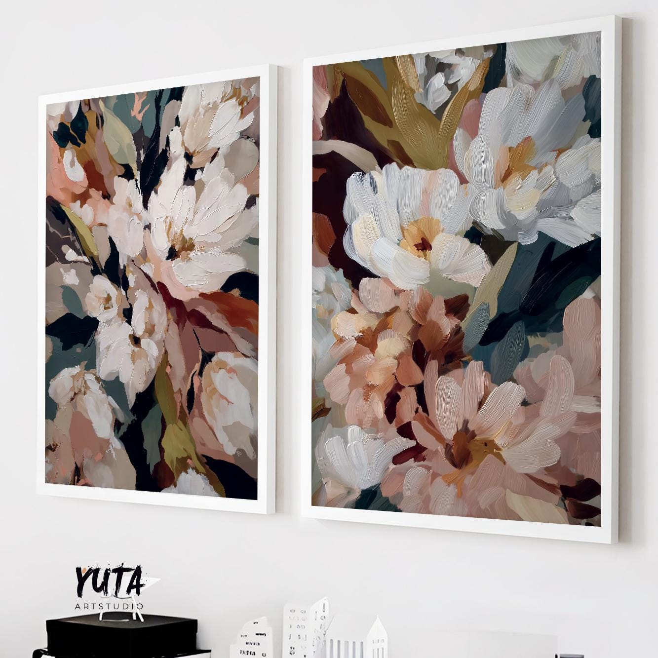 neutral floral wall art set of 2 abstract flower prints