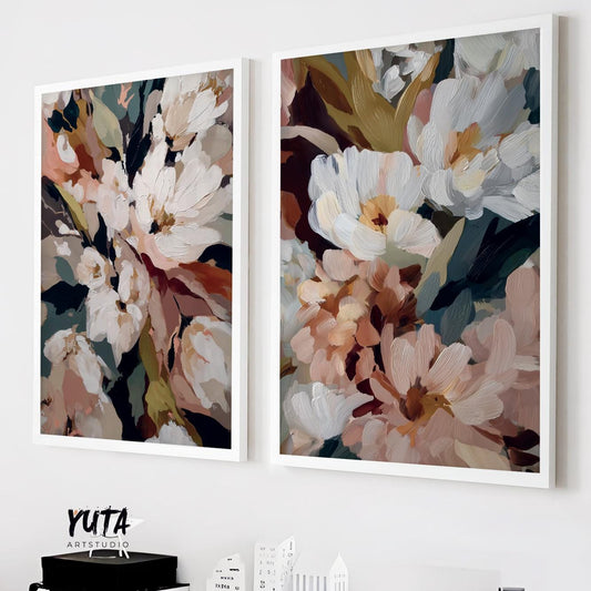 neutral floral wall art set of 2 abstract flower prints