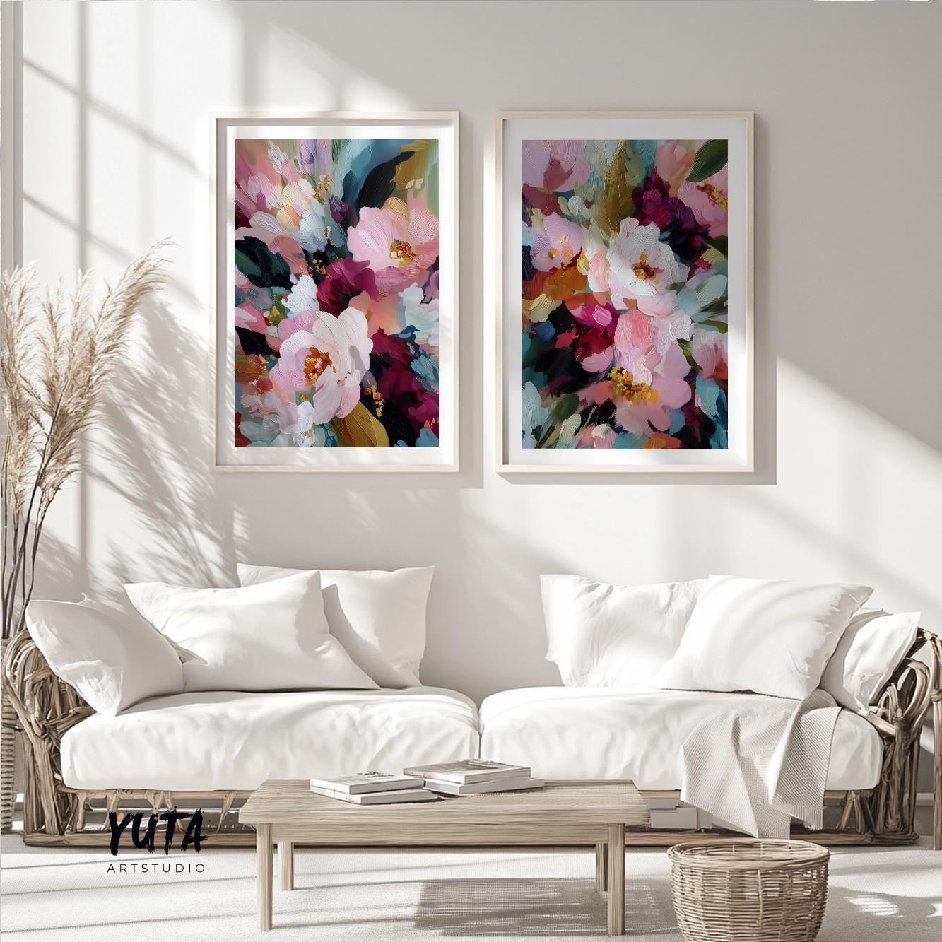 Floral paintings set with vibrant blossoms and dynamic abstract composition