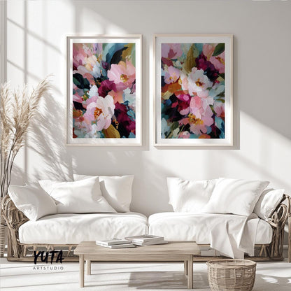 Floral paintings set with vibrant blossoms and dynamic abstract composition