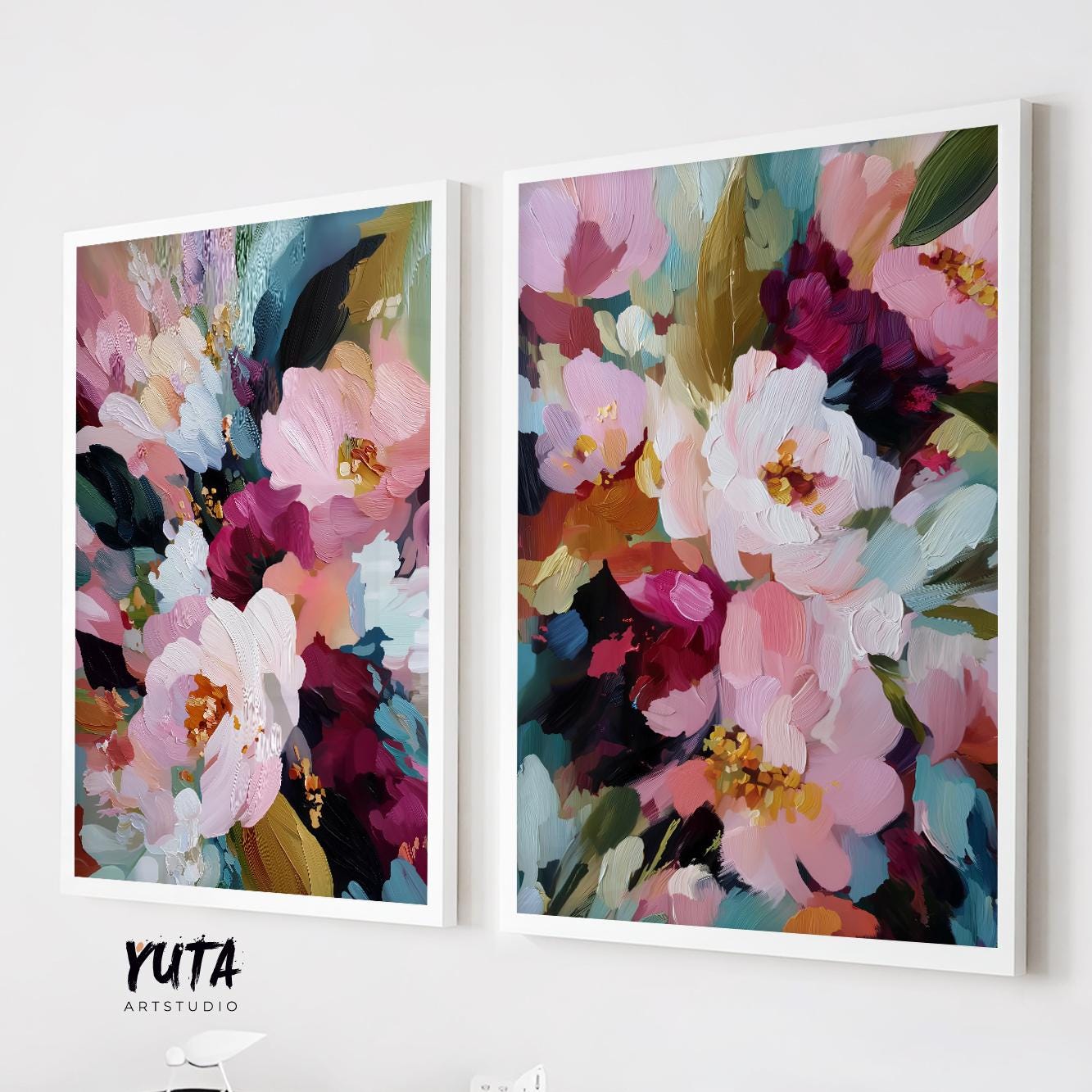 Set of two colorful floral paintings with pink white and red flowers in expressive brush strokes