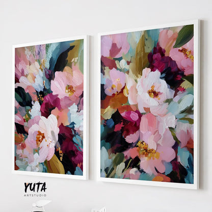 Set of two colorful floral paintings with pink white and red flowers in expressive brush strokes