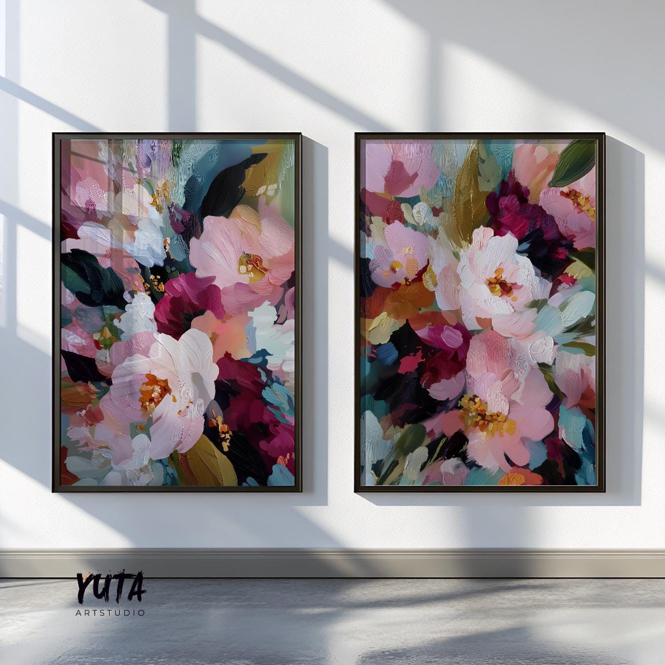 Modern flower prints with layered brush strokes in pink, red, teal and cream tones