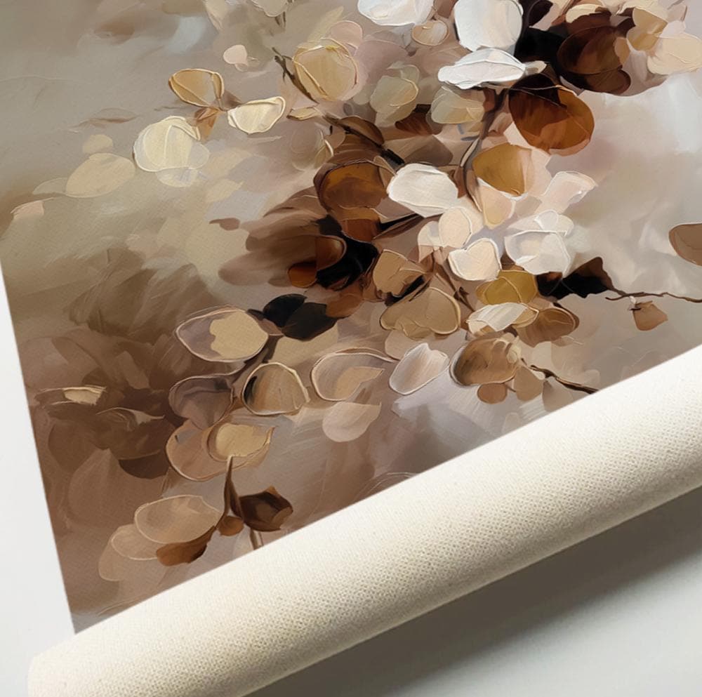 Neutral floral art print on canvas shown unframed and rolled for shipping.