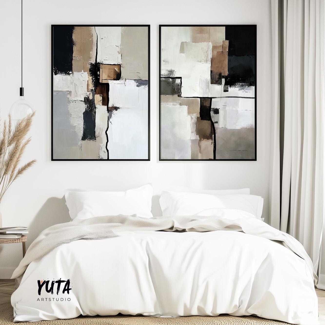 Minimalist beige black abstract paintings with clean composition and soft contrast