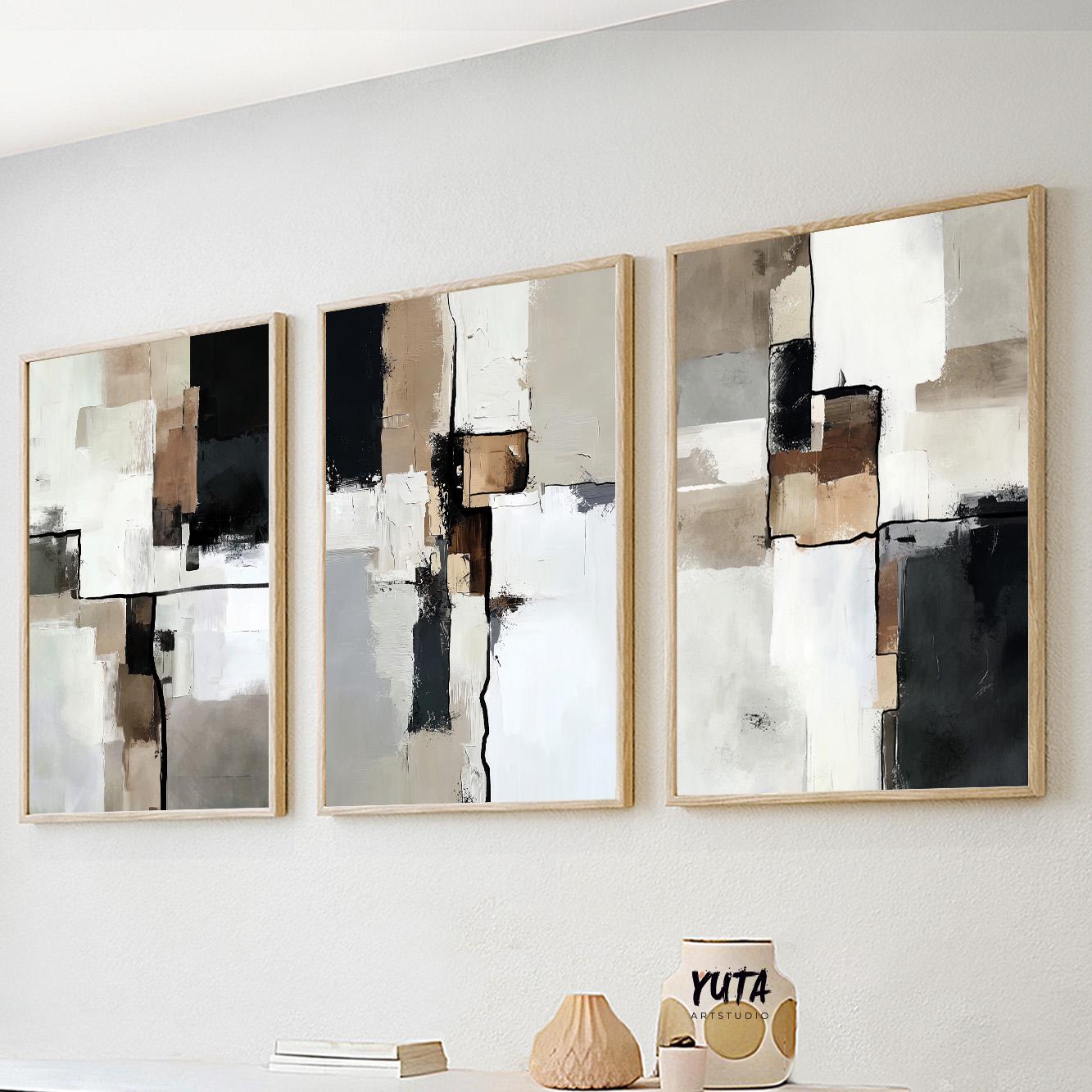 Abstract geometric artwork in neutral tones, framed as a three-piece gallery set on a white wall