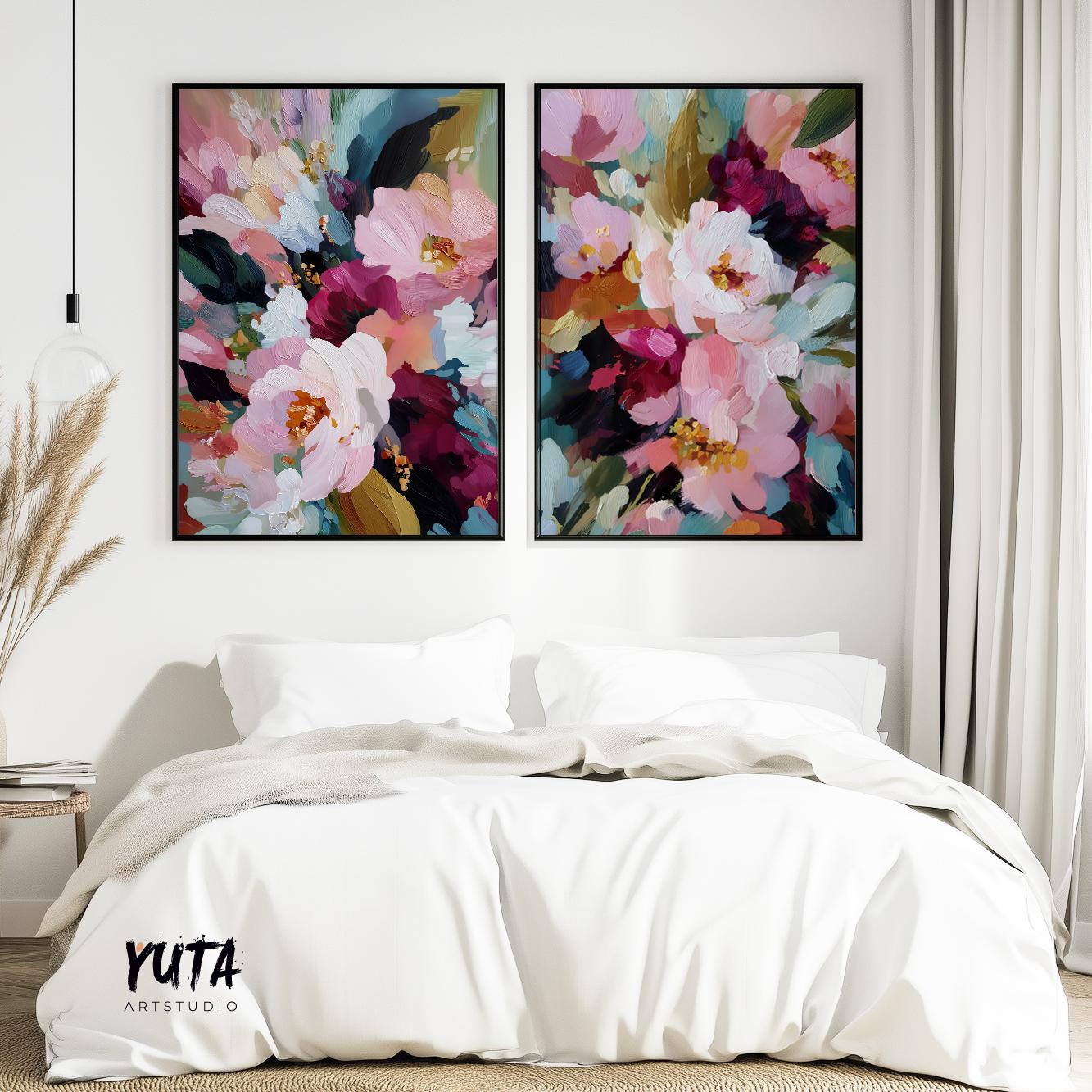 Abstract floral wall art featuring vibrant flowers and textured painterly style