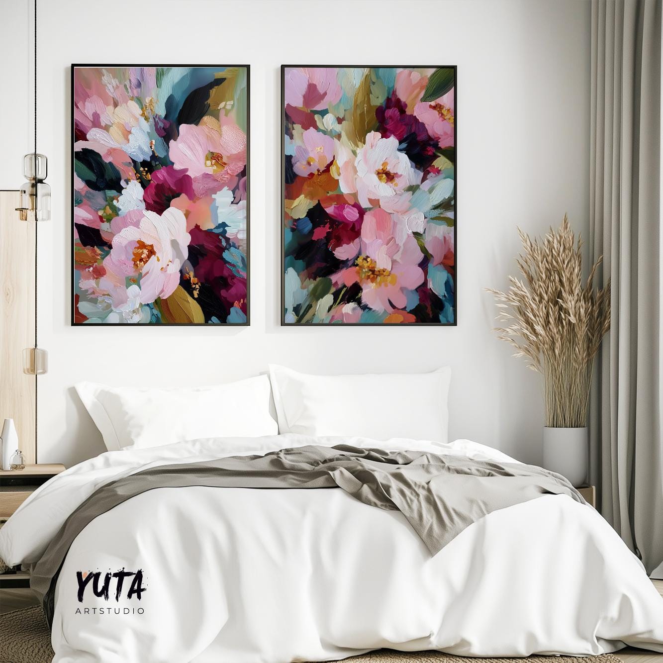 Colorful botanical artwork with soft petals and bold expressive paint texture