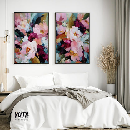 Colorful botanical artwork with soft petals and bold expressive paint texture