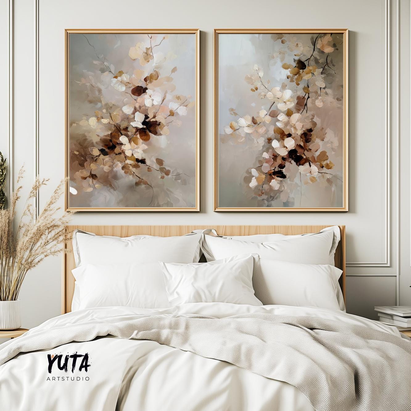 Framed neutral floral art set above bed showing large and medium print dimensions on wall.
